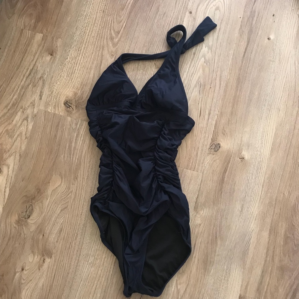 Navy Blue J. Crew Ruched Halter one-piece swimsuit
